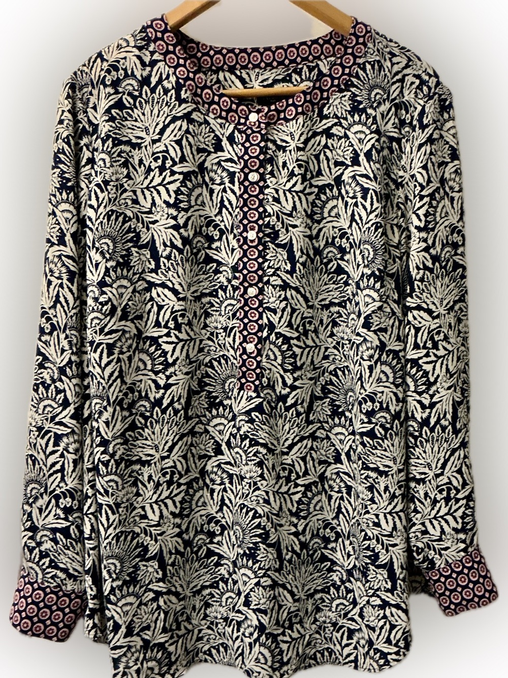 Talbots Plus 2X -Navy Floral Print Blouse | Long Sleeve Tunic Top